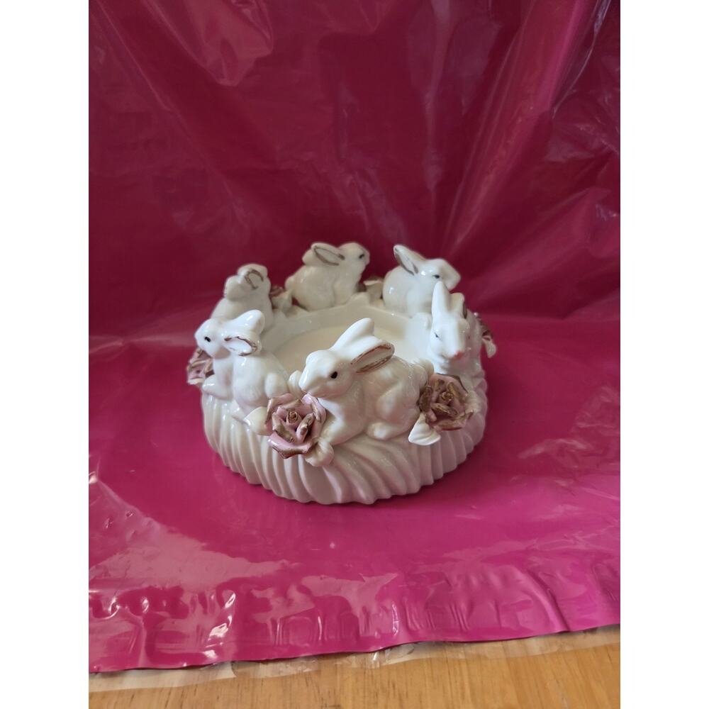Vintage Cream Ceramic Large Candleholder Rabbits In A Circle W/Pink Rose Easter - Picture 2 of 6